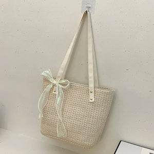 Straw Women Handbag Large-capacity Weave Lace Bow Shoulder Bag