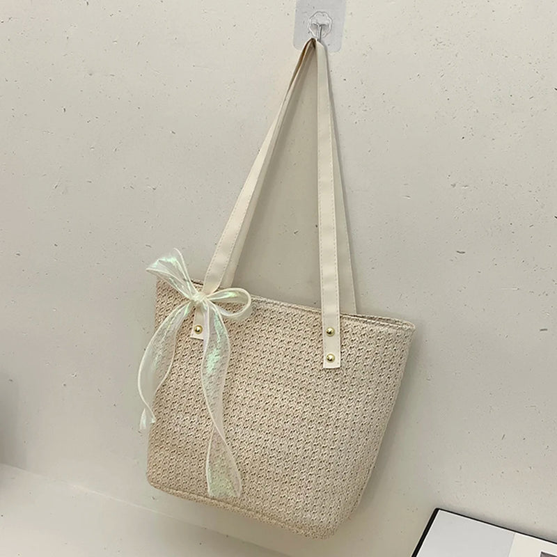 Straw Women Handbag Large-capacity Weave Lace Bow Shoulder Bag