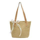 Straw Women Handbag Large-capacity Weave Lace Bow Shoulder Bag