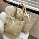 Straw Women Handbag Large-capacity Weave Lace Bow Shoulder Bag