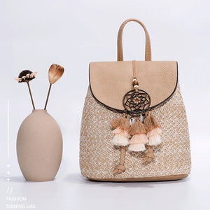 Straw Women Shoulder Bag Backpack Hand-Woven Female