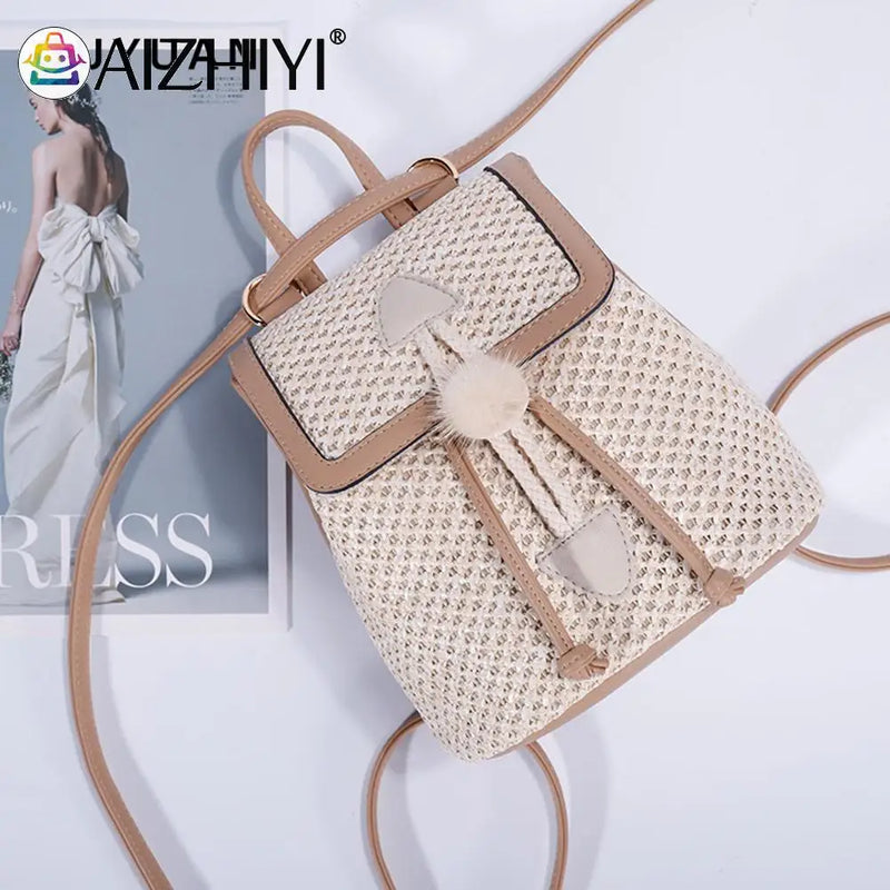 Hand-Woven Straw Women Shoulder Bag Backpack
