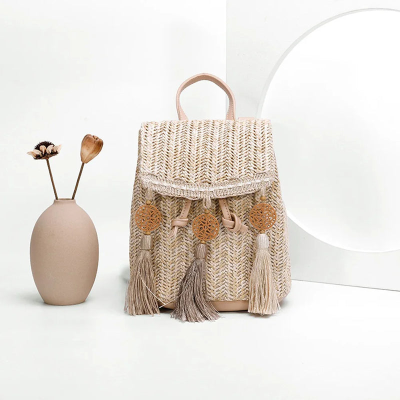 Straw Women Shoulder Bag Backpack Hand-Woven Female Beach Holiday Purse