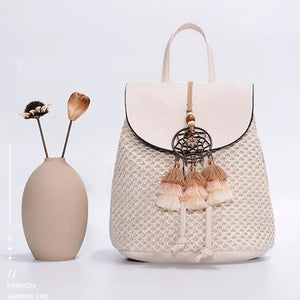 Straw Women Shoulder Bag Backpack Hand-Woven Female
