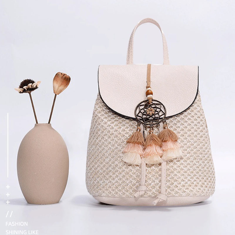 Straw Women Shoulder Bag Backpack Hand-Woven Female