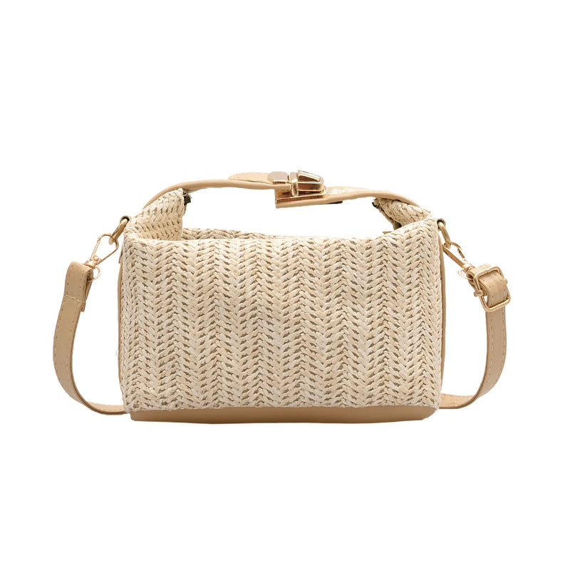 Straw Women Shoulder Bag PU Splicing Casual Messenger Pouch