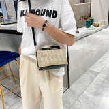 Straw Women Shoulder Bag PU Splicing Casual Messenger Pouch