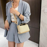 Straw Women Shoulder Bag PU Splicing Casual Messenger Pouch