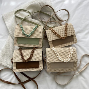 Straw Women Shoulder Messenger Bag Handbag Woven Female Acrylic Chain PU Small S