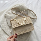 Straw Women Shoulder Messenger Bag with Acrylic Chain for Shopping