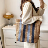 Stripes Straw Woven Shoulder Bag Summer Beach Travel Women Totes