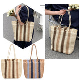 Stripes Straw Woven Shoulder Bag Summer Beach Travel Women Totes