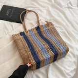 Stripes Straw Woven Shoulder Bag Summer Beach Travel Women Totes