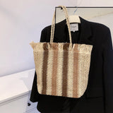 Stripes Straw Woven Shoulder Bag Summer Beach Travel Women Totes