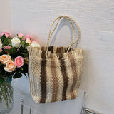 Stripes Straw Woven Shoulder Bag Summer Beach Travel Women Totes