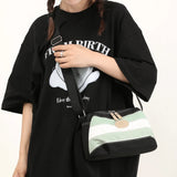 Strip Contrast Shoulder Bag Crossbody Large Capacity Canvas Messenger Bag