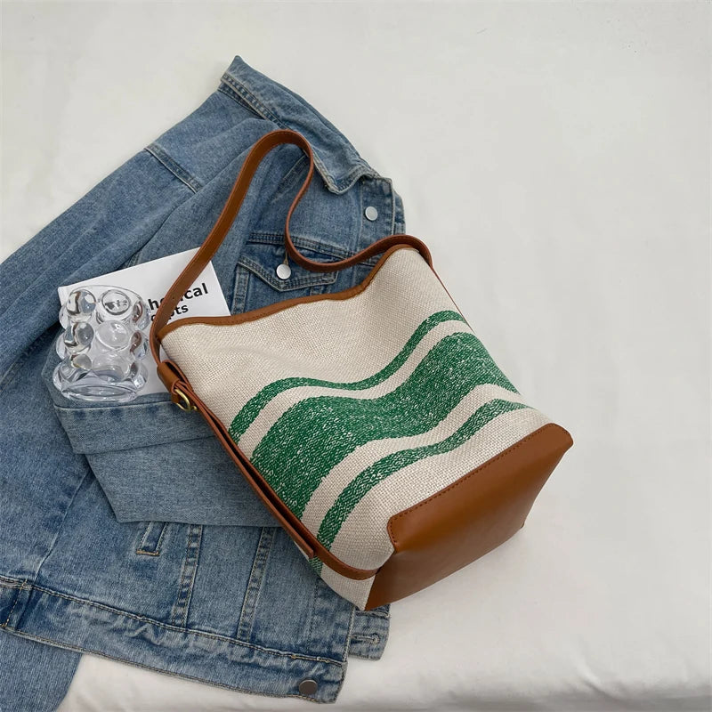 Stripe Canvas Bucket Bag Large Capacity Shoulder Women's Handbags