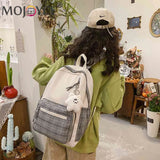 Nylon Plaid Backpack Teenagers Schoolbag Cartoon Pendant Travel