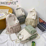 Nylon Plaid Backpack Teenagers Schoolbag Cartoon Pendant Travel