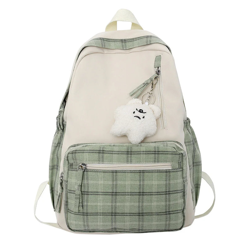 Nylon Plaid Backpack Teenagers Schoolbag Cartoon Pendant Travel