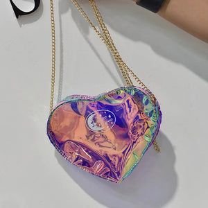 Summer Women Shoulder Bags PU Leather Laser Metal Chain Beach Bag Heart Shape