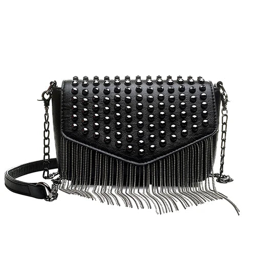 Tassel Diamonds Mini Chain Shoulder Bag Crossbody Leather Rivets Female Bolsa