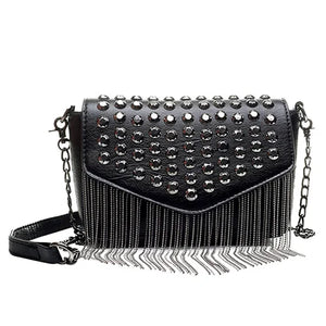 Tassel Diamonds Mini Chain Shoulder Bag Crossbody Leather Rivets Female