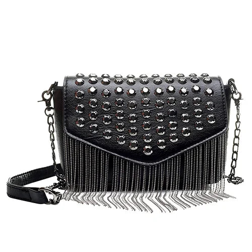 Tassel Diamonds Mini Chain Shoulder Bag Crossbody Leather Rivets Female