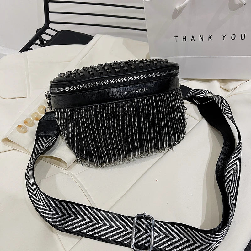 Tassel Leather Crossbody Chest Bag Women Waist Bag Casual Travel Pack