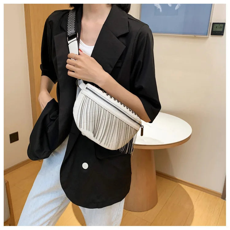 Tassel Waist Bag Women Chest Bags Wide Strap Shoulder Bag