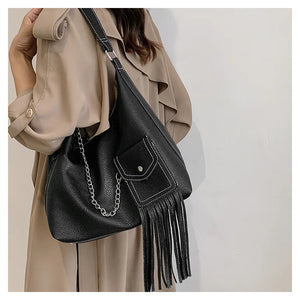 Tassels Hobos Shoulder Bags Large Capacity Chain Handbag Panelled PU Leather Tot