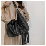 Tassels Hobos Shoulder Bags Large Capacity Chain Handbag Panelled PU Leather Tot