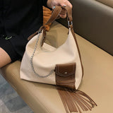 Tassels Hobos Shoulder Bags Large Capacity Chain Handbag Panelled PU Leather Tot