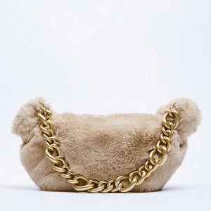 Thick Metal Chains Plush Women Shoulder Bags Handbags Faux Fur Tote