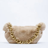 Thick Metal Chains Plush Women Shoulder Bags Handbags Faux Fur Tote