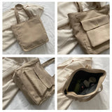Canvas Tote Bag Women Large Capacity Shoulder Handbag Multiple Pockets