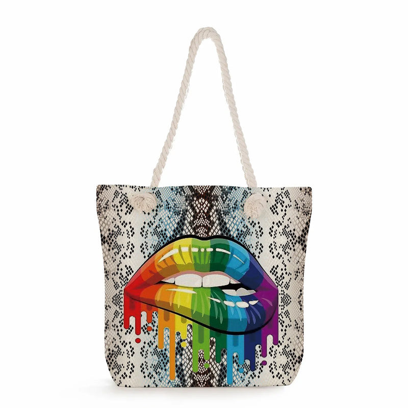 Travel Leopard Rainbow Lips Printed Tote Bag Thick Rope Shopper Bag