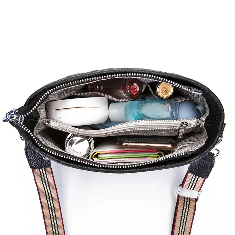 Leather Bucket Tote Shoulder Bag Plaid Messenger