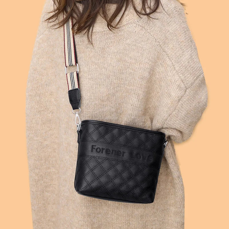 Leather Bucket Tote Shoulder Bag Plaid Messenger