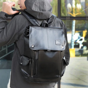 Men's Backpack Solid Large Capacity PU Leather School Bag