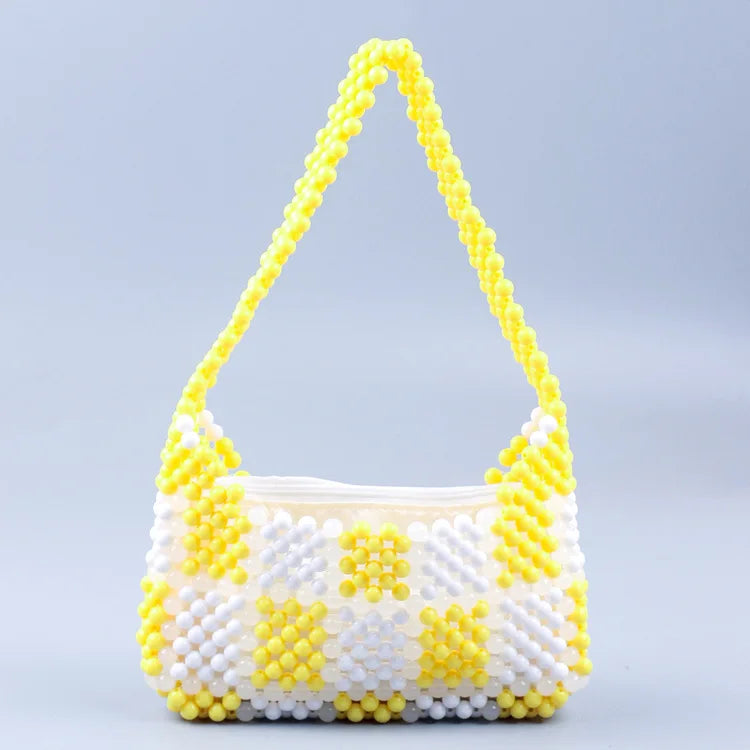 Yellow Plaid Beaded Armpit Bag Acrylic Handbag