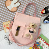 Canvas Shoulder Bag Bear Student Messenger Bag Zipper Handbags Tote Bag