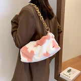 Cow Pattern Plush Shoulder Bag Winter Zipper Handbag for Women