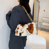 Cow Pattern Plush Shoulder Bag Winter Zipper Handbag for Women