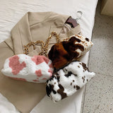 Cow Pattern Plush Shoulder Bag Winter Zipper Handbag for Women