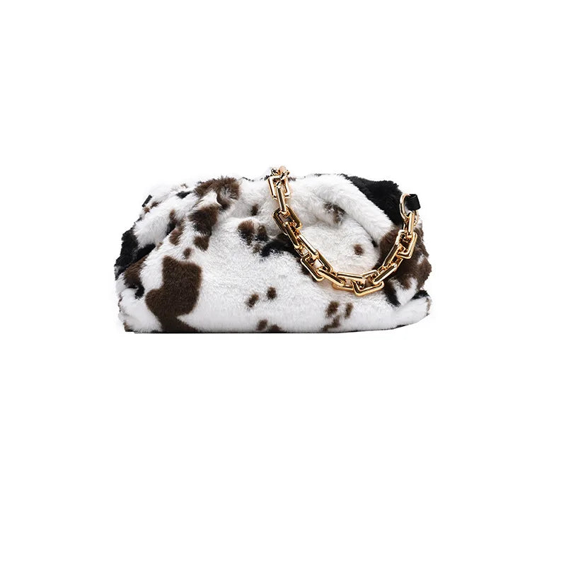Cow Pattern Plush Shoulder Bag Winter Zipper Handbag for Women