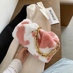 Cow Pattern Plush Shoulder Bag Winter Zipper Handbag for Women