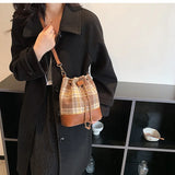 Vintage Houndstooth Woolen Bucket Messenger Bag Women Style