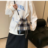 Vintage Houndstooth Woolen Bucket Messenger Bag Women Style