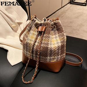 Vintage Houndstooth Woolen Bucket Messenger Bag Women Style